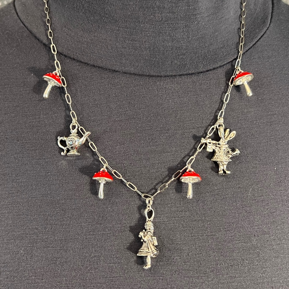 Alice in Wonderland Handmade Character Necklace, Mushrooms, Teapot, White Rabbit